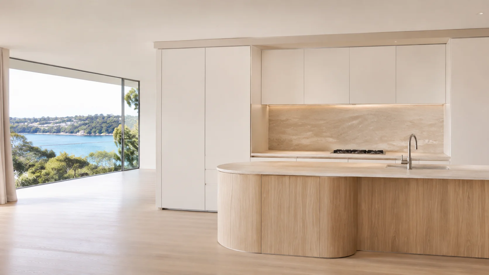 The harbour apartment. A curved oak island, warm white cabinetry and an open connection to the harbour light. AI-generated Sydney design concept, not a completed project.