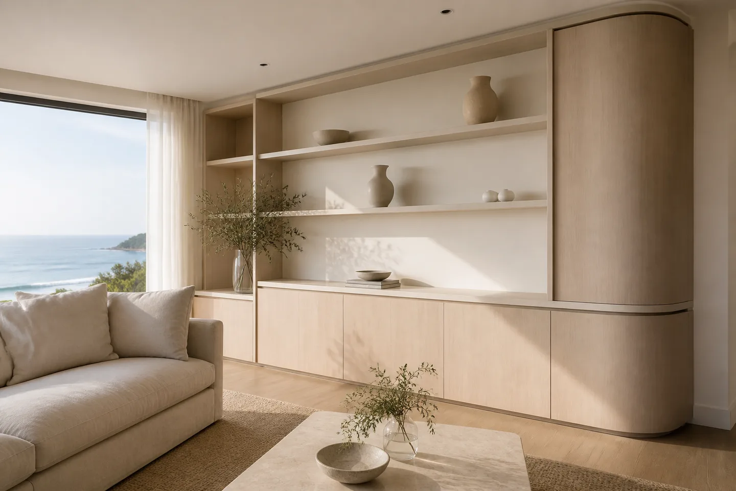 Coastal, quietly. Soft shelving, integrated storage and natural oak. A calm language that carries through the home. AI-generated Sydney design concept, not a completed project.