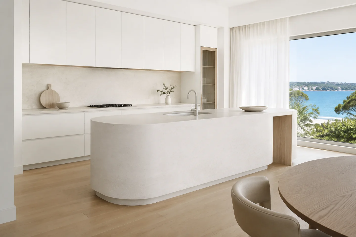 White on white. A restrained palette lets proportions, curved edges and the changing daylight take the lead. AI-generated Sydney design concept, not a completed project.