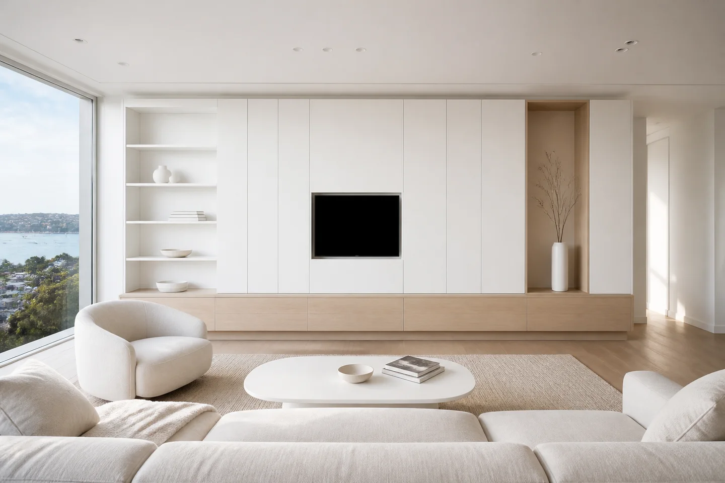 Above the everyday. Low, integrated storage keeps the outlook open and the architecture uncluttered. AI-generated Sydney design concept, not a completed project.