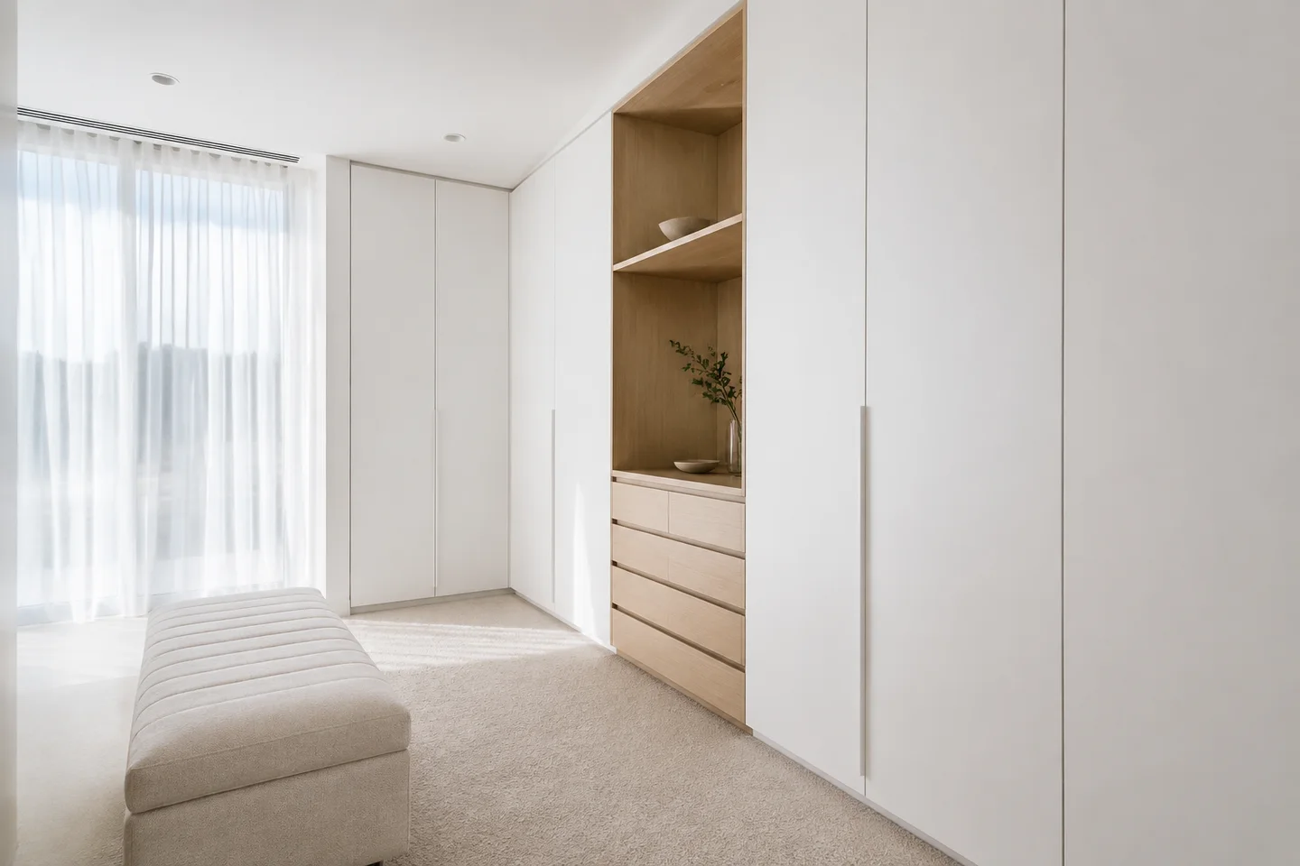 A private ritual. White fronts, considered compartments and warm oak accents create a quieter place to begin the day. AI-generated Sydney design concept, not a completed project.