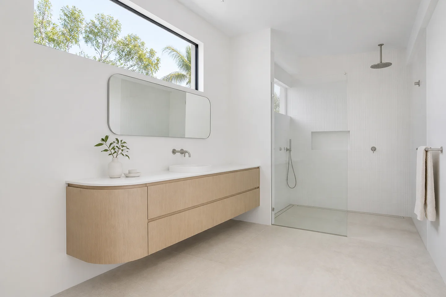 Soft by nature. Rounded joinery and a light material palette bring a residential warmth to the daily routine. AI-generated Sydney design concept, not a completed project.