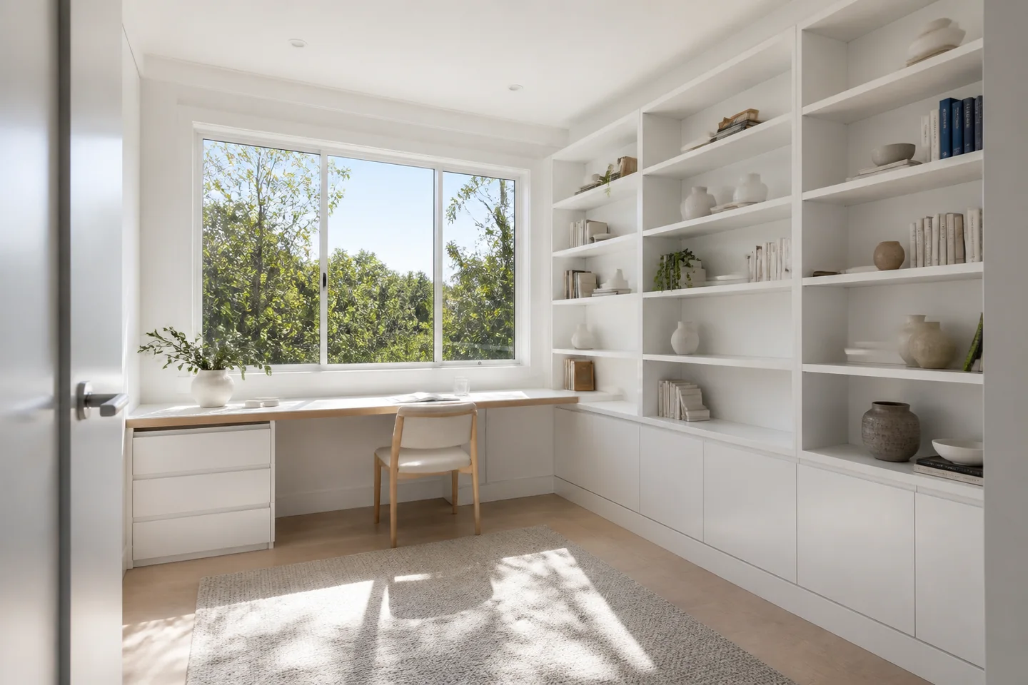 Space to focus. A clean workspace with integrated shelving, soft white surfaces and a connection to greenery. AI-generated Sydney design concept, not a completed project.