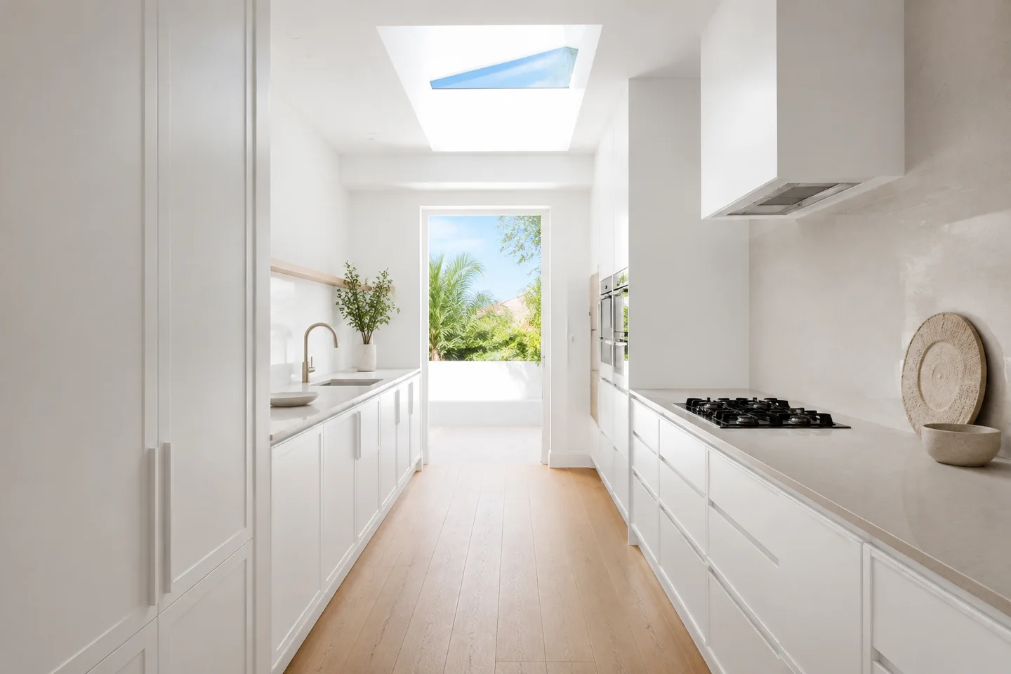 A terrace, reimagined. A bright, space-conscious direction with simple profiles, pale floors and light from above. AI-generated Sydney design concept, not a completed project.