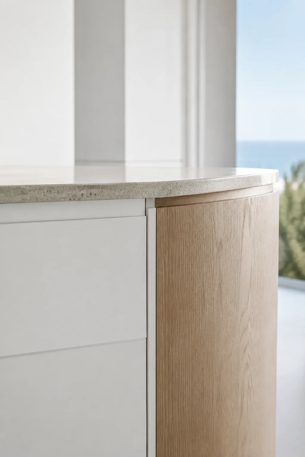 Consider every edge. The meeting of white cabinetry, timber and stone. Small decisions that shape the whole space. AI-generated Sydney design concept, not a completed project.